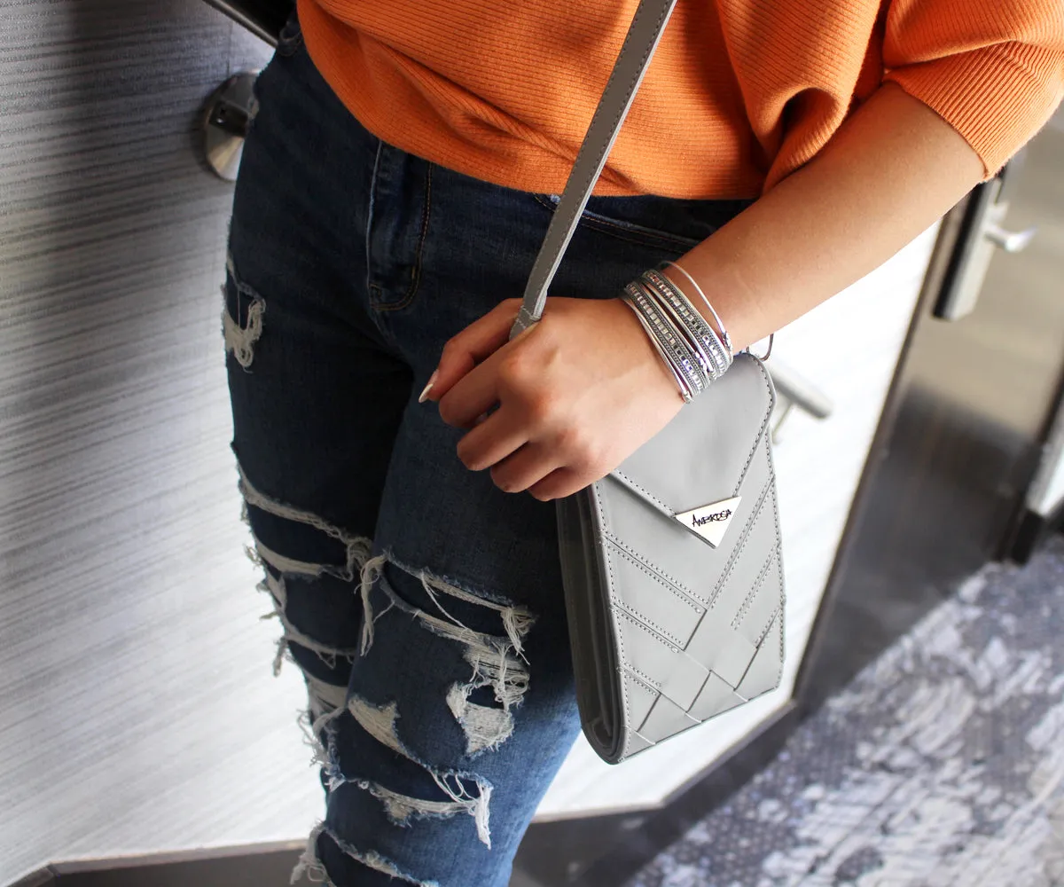 Criss-Cross Genuine Leather Galloper Gray Crossbody Handbag