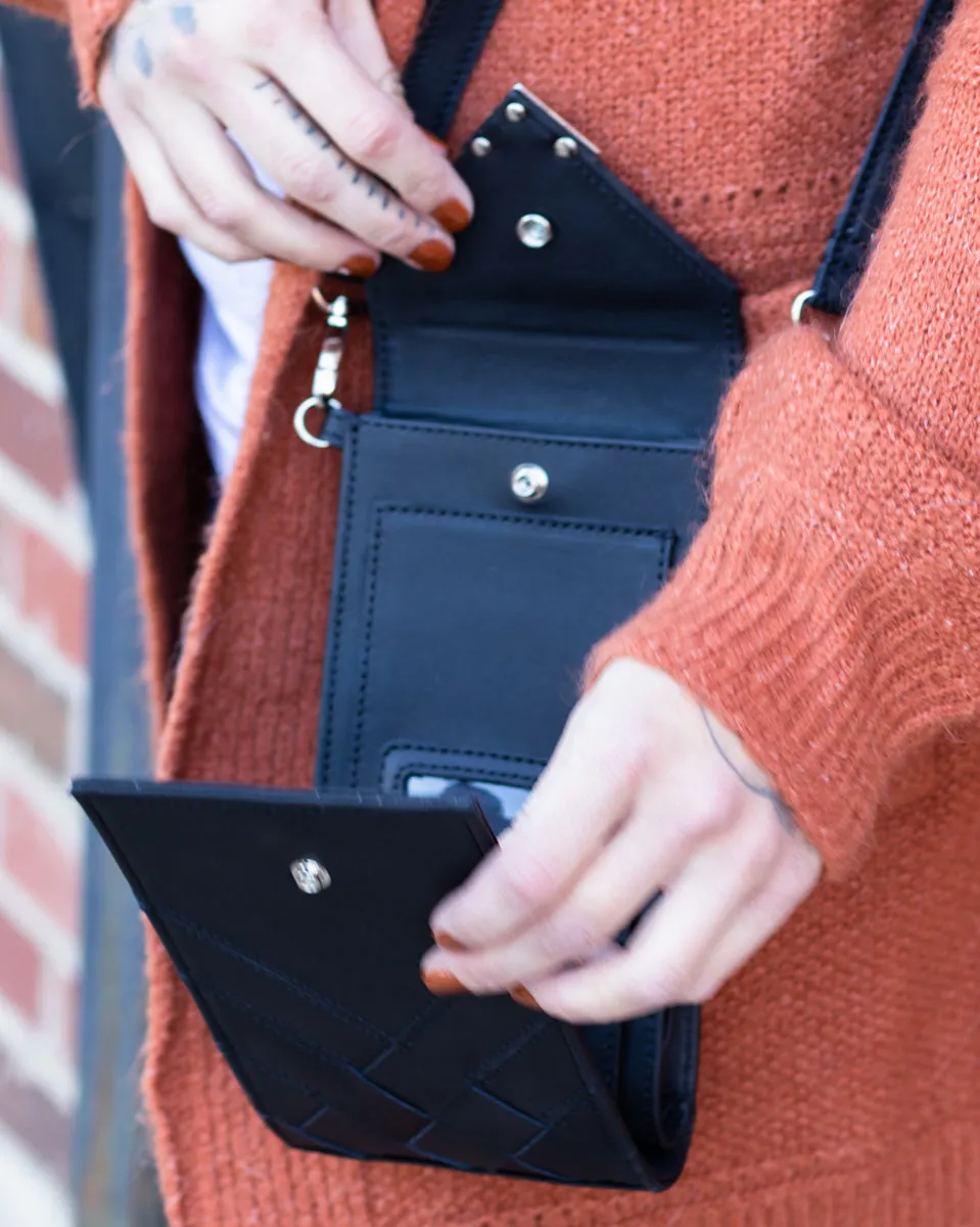 Criss-Cross Genuine Leather Matte Black Crossbody Handbag