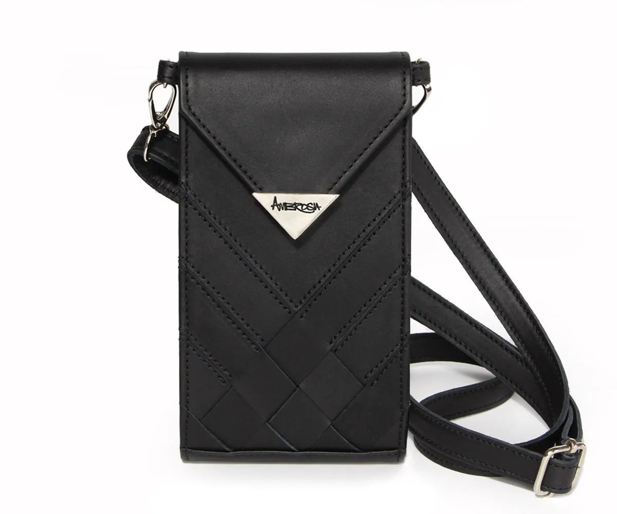 Criss-Cross Genuine Leather Matte Black Crossbody Handbag
