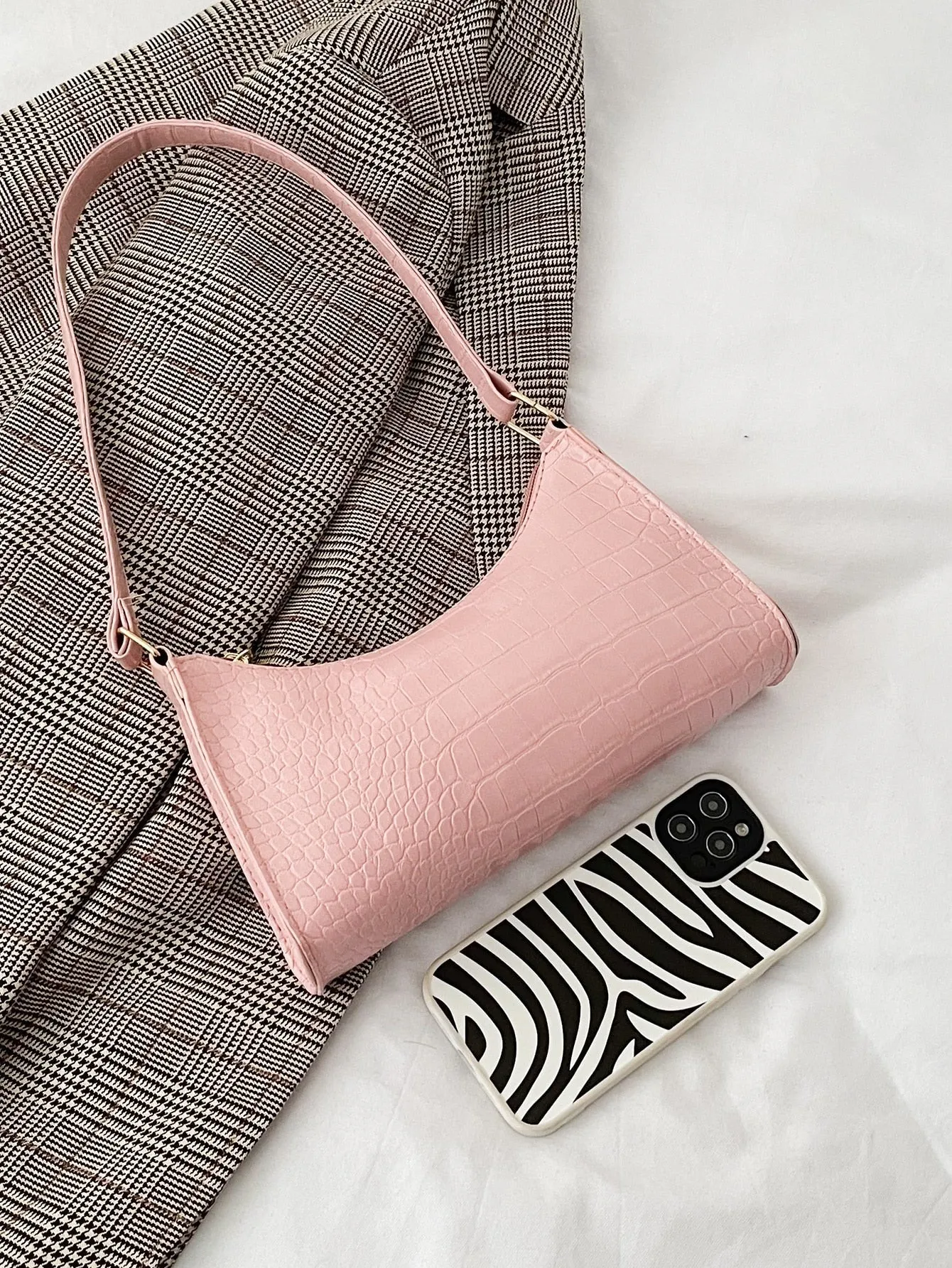 Crocodile Embossed Baguette Bag - Baby Pink