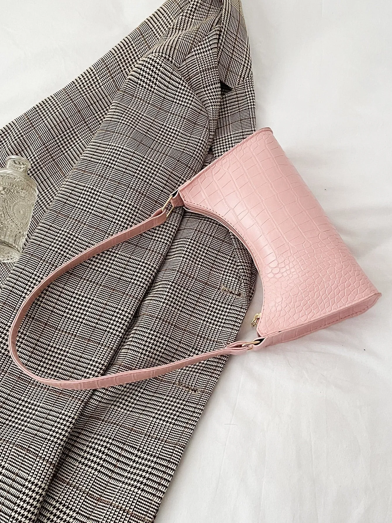 Crocodile Embossed Baguette Bag - Baby Pink