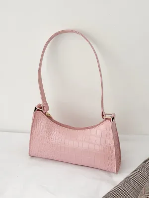 Crocodile Embossed Baguette Bag - Baby Pink
