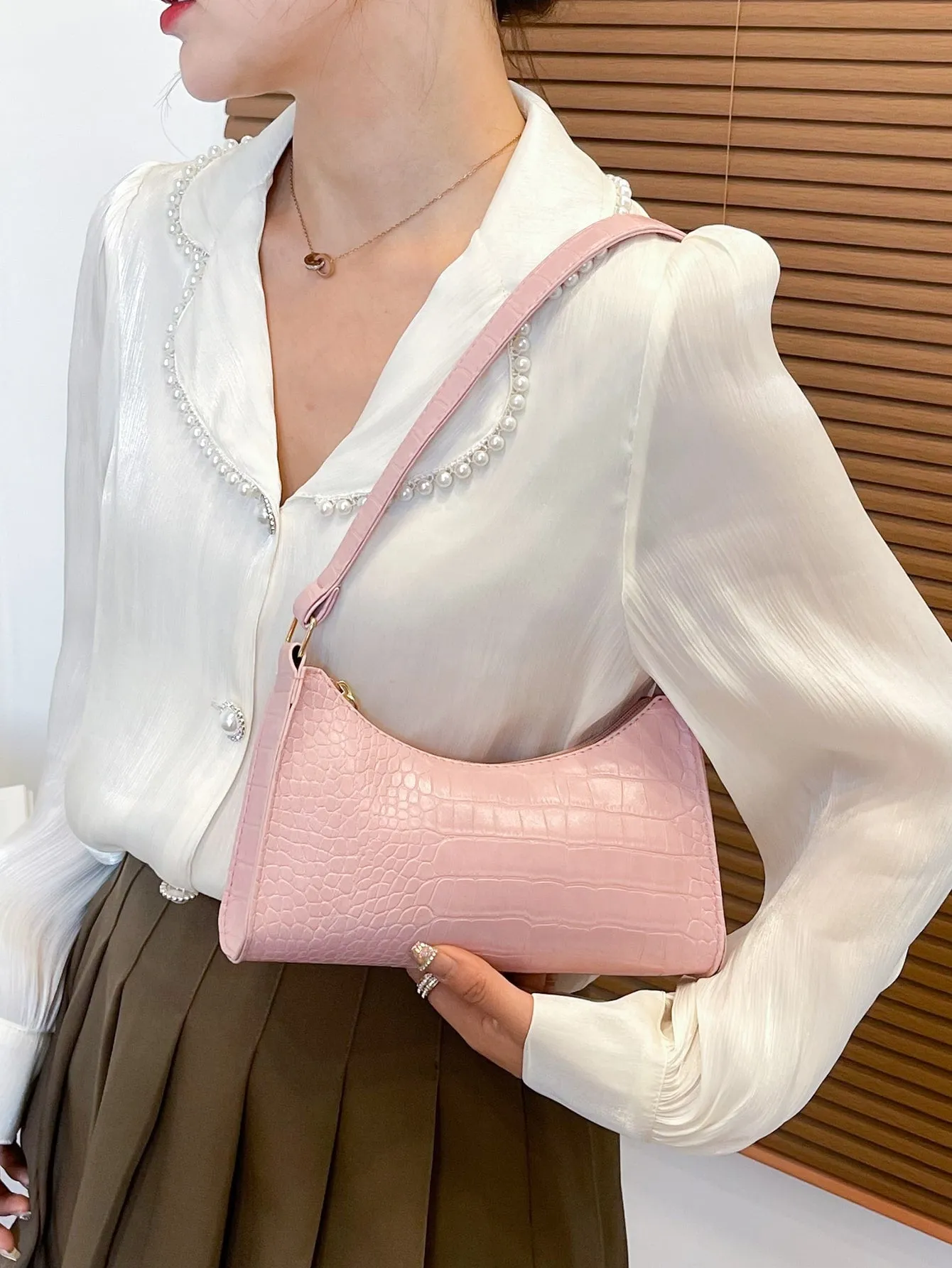 Crocodile Embossed Baguette Bag - Baby Pink