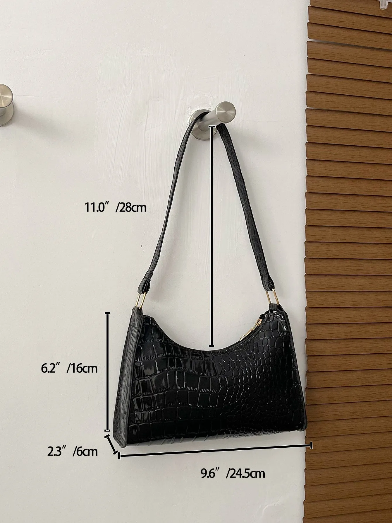 Crocodile Embossed Baguette Bag - Black