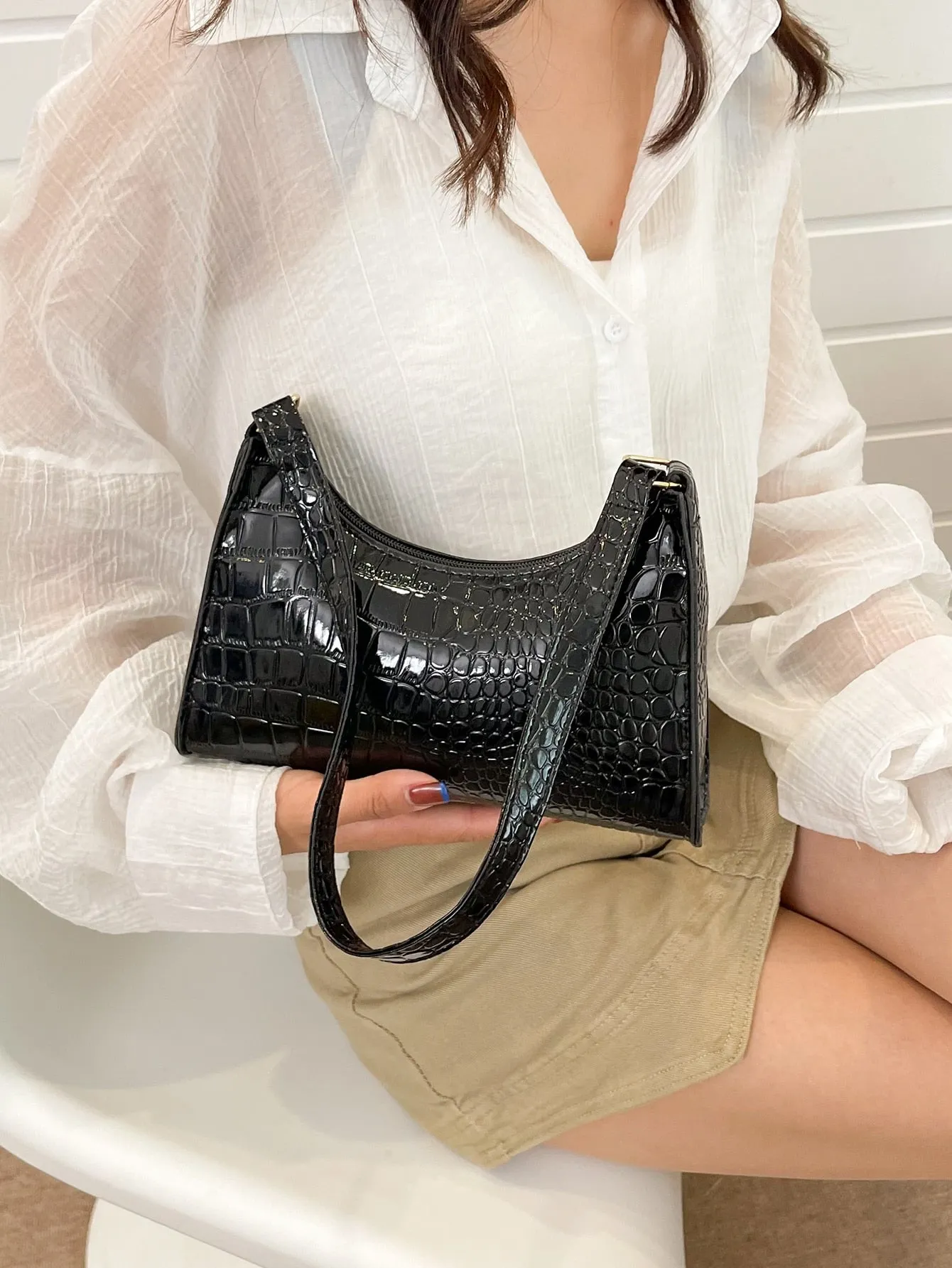 Crocodile Embossed Baguette Bag - Black