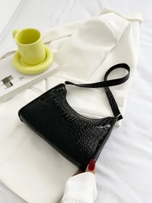 Crocodile Embossed Baguette Bag - Black