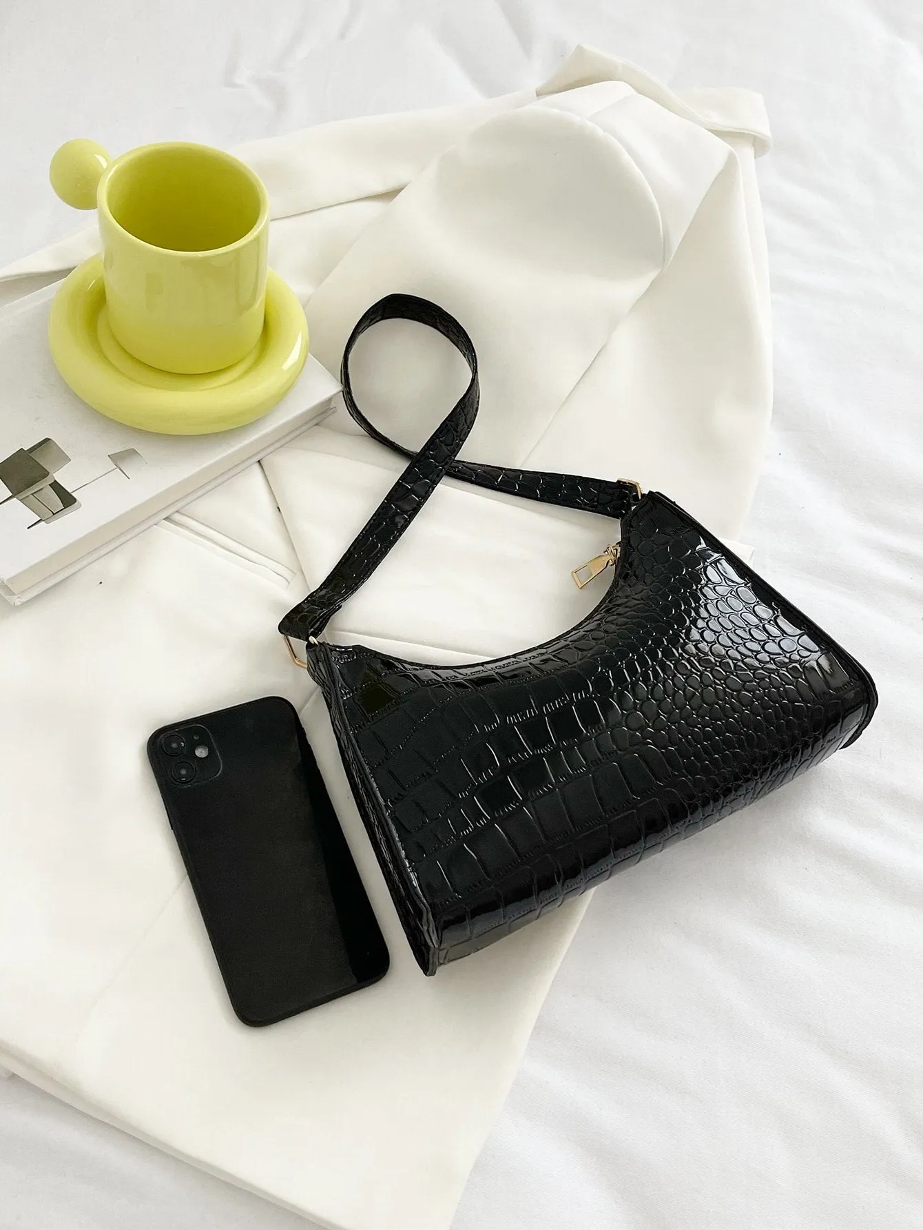 Crocodile Embossed Baguette Bag - Black