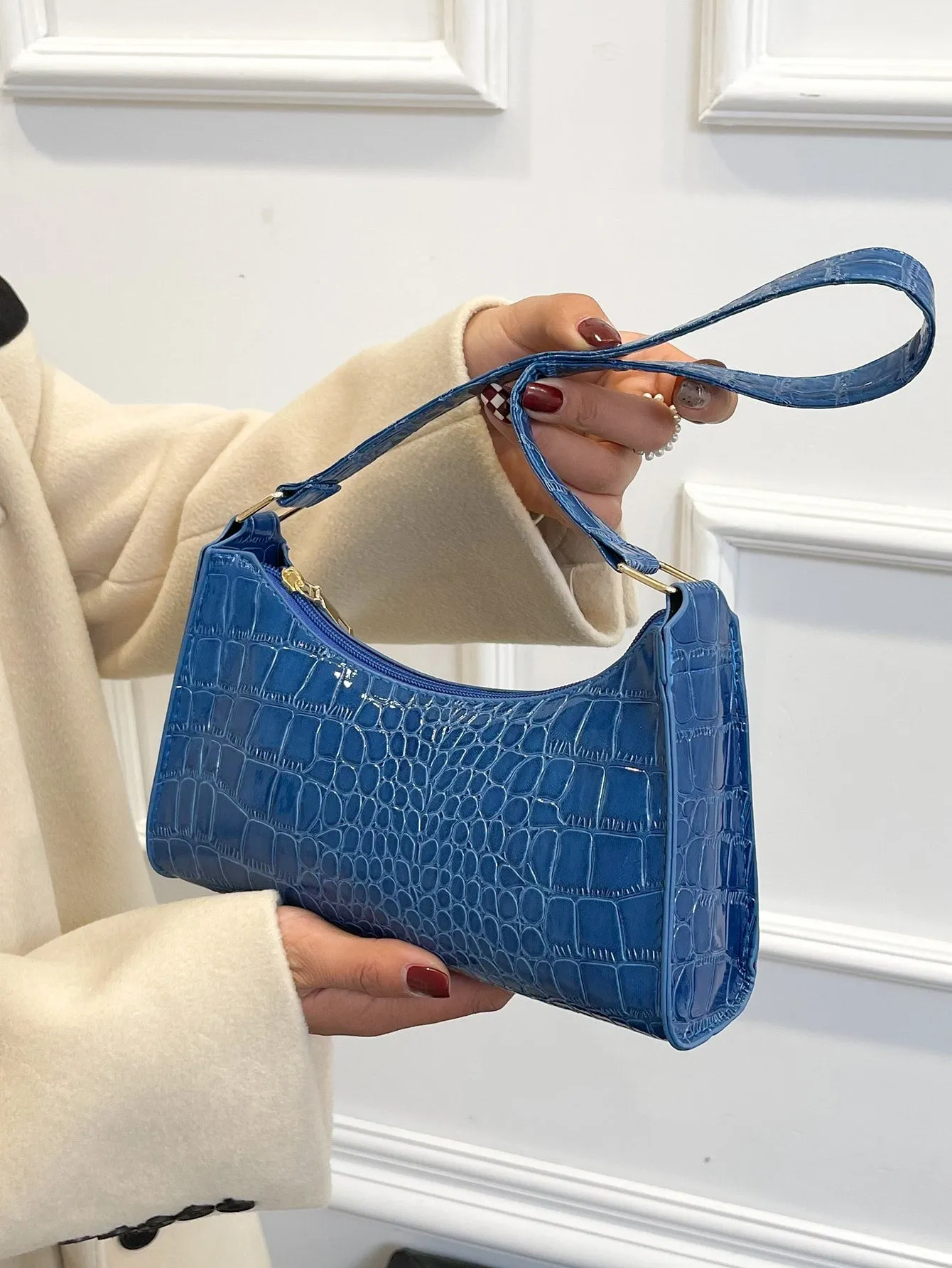 Crocodile Embossed Baguette Bag - Blue