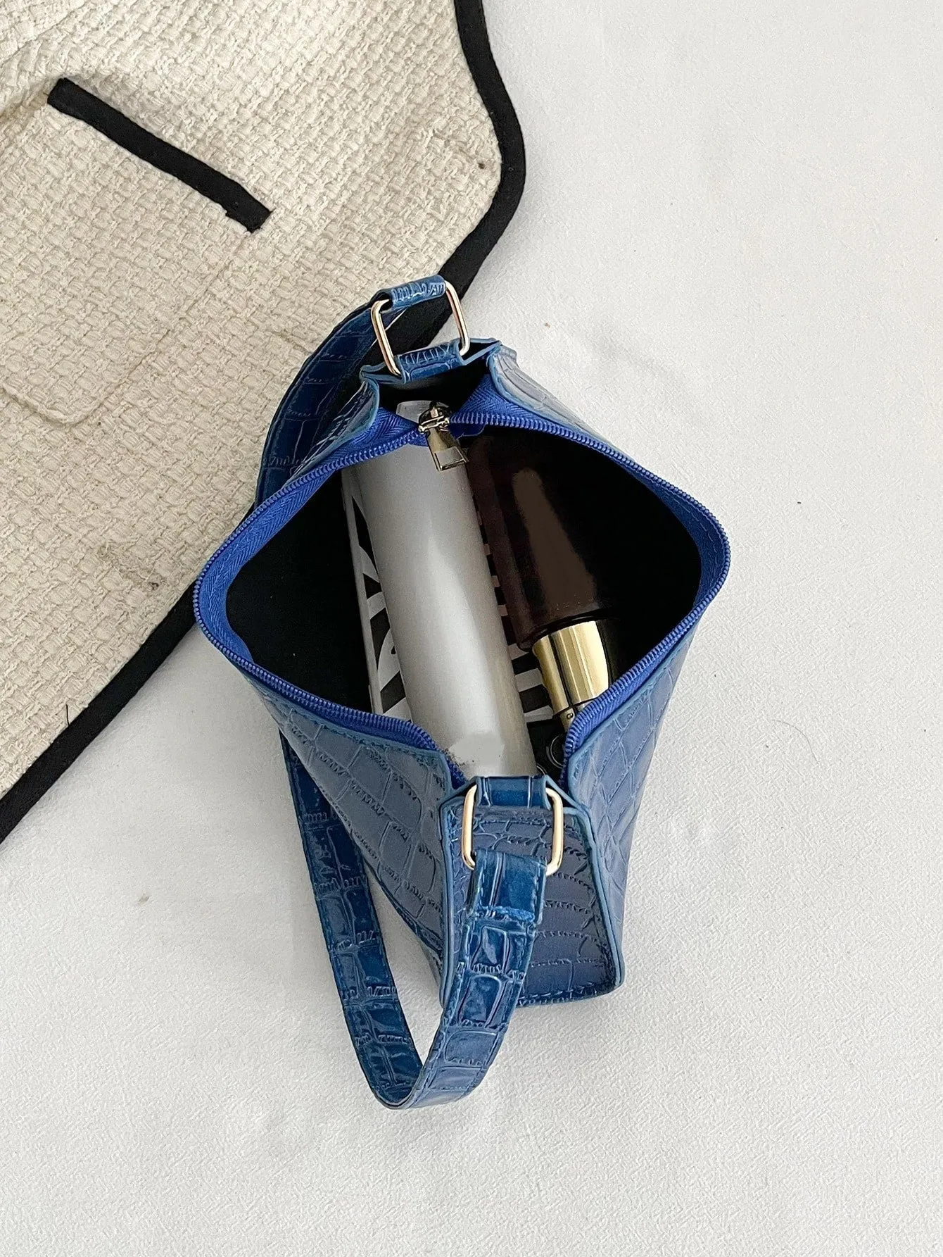 Crocodile Embossed Baguette Bag - Blue