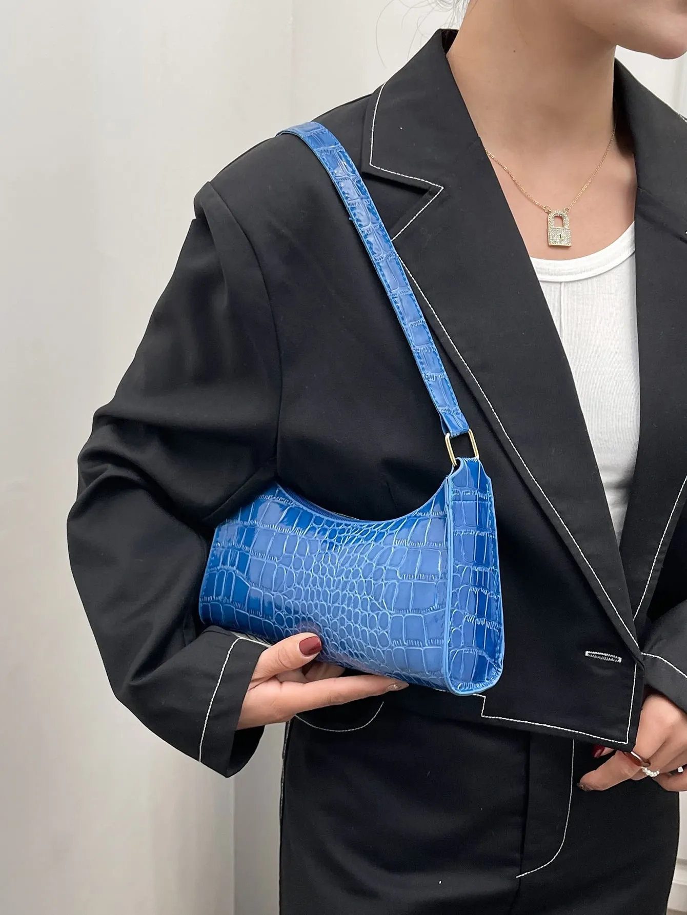 Crocodile Embossed Baguette Bag - Blue