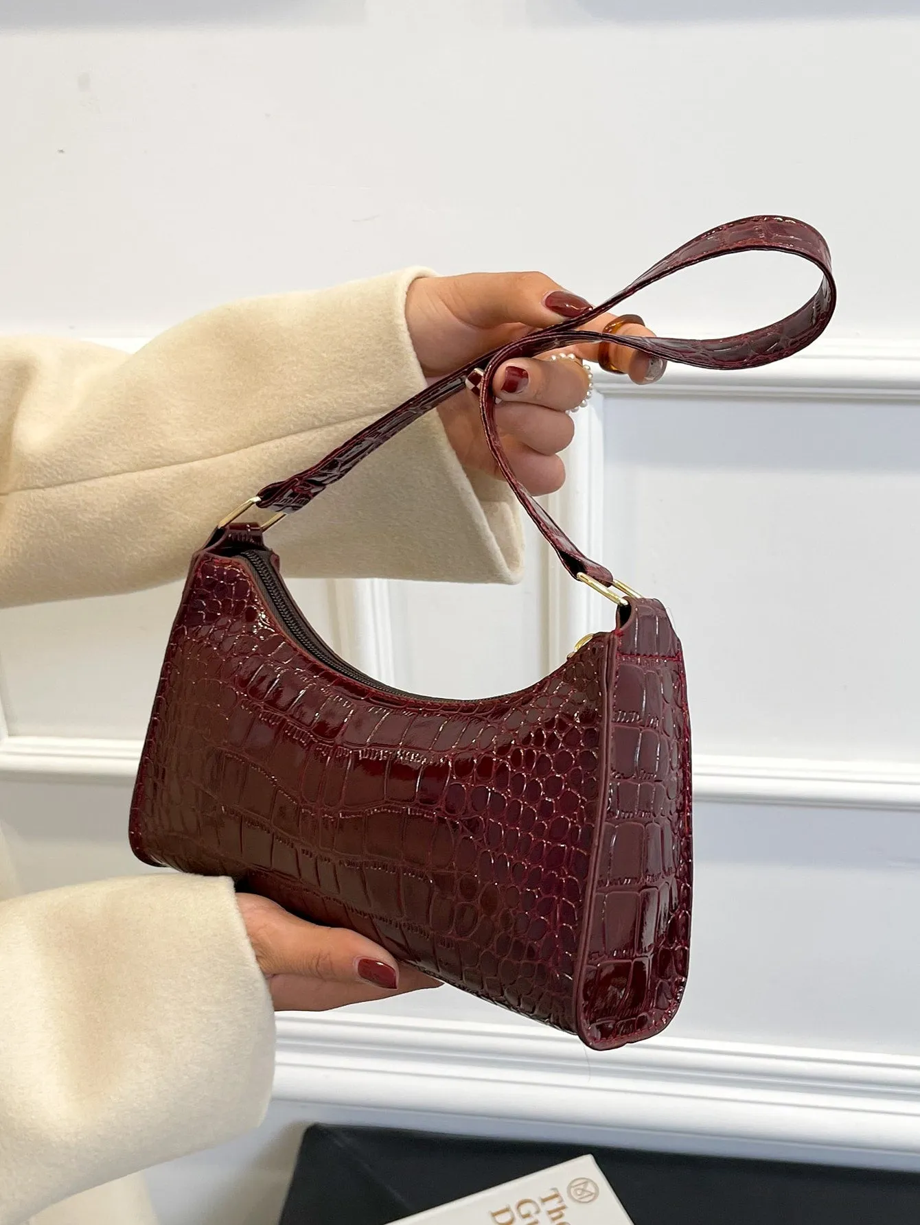 Crocodile Embossed Baguette Bag - Burgundy