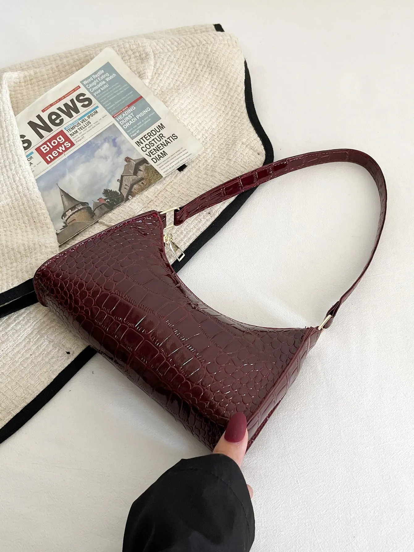 Crocodile Embossed Baguette Bag - Burgundy