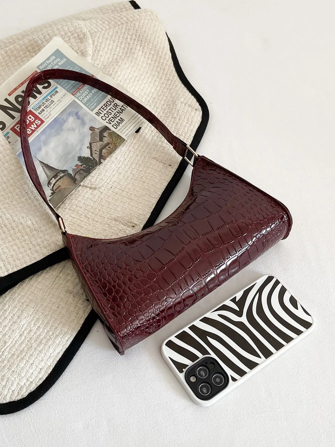Crocodile Embossed Baguette Bag - Burgundy