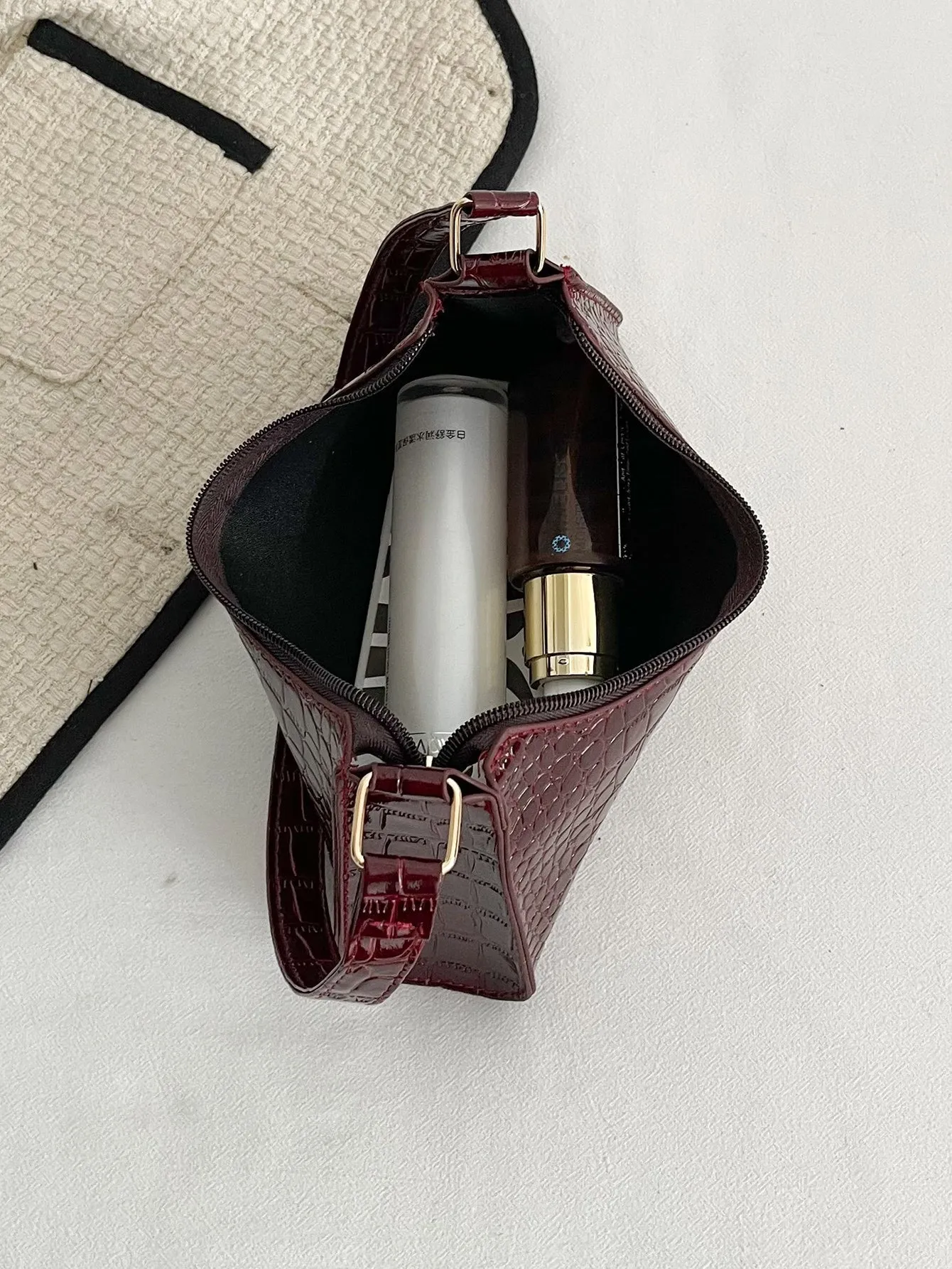 Crocodile Embossed Baguette Bag - Burgundy