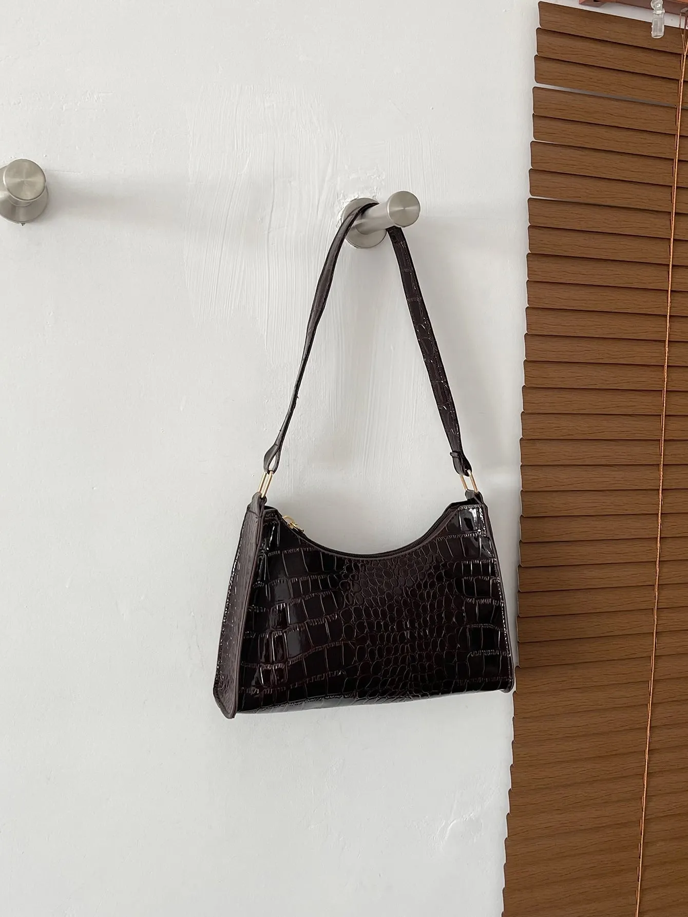 Crocodile Embossed Baguette Bag - Chocolate Brown - FD ⚡