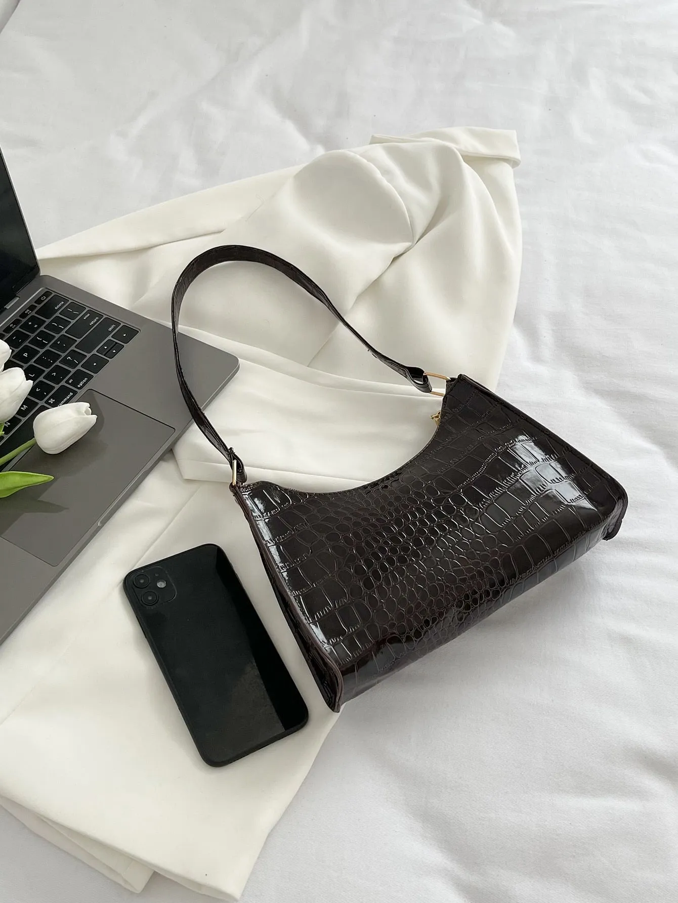 Crocodile Embossed Baguette Bag - Chocolate Brown - FD ⚡