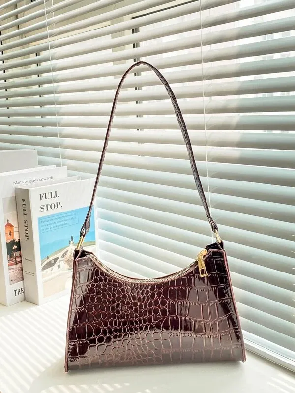 Crocodile Embossed Baguette Bag - Mocha Brown