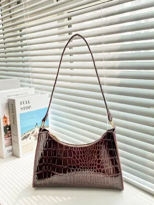 Crocodile Embossed Baguette Bag - Mocha Brown