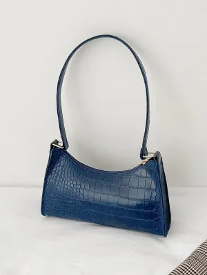 Crocodile Embossed Baguette Bag - Navy Blue