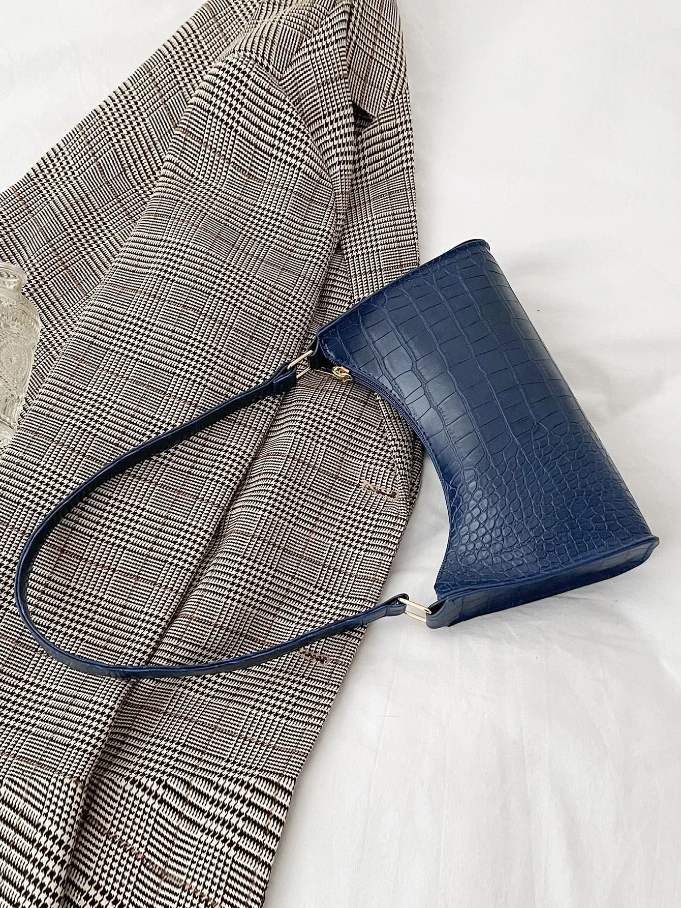 Crocodile Embossed Baguette Bag - Navy Blue