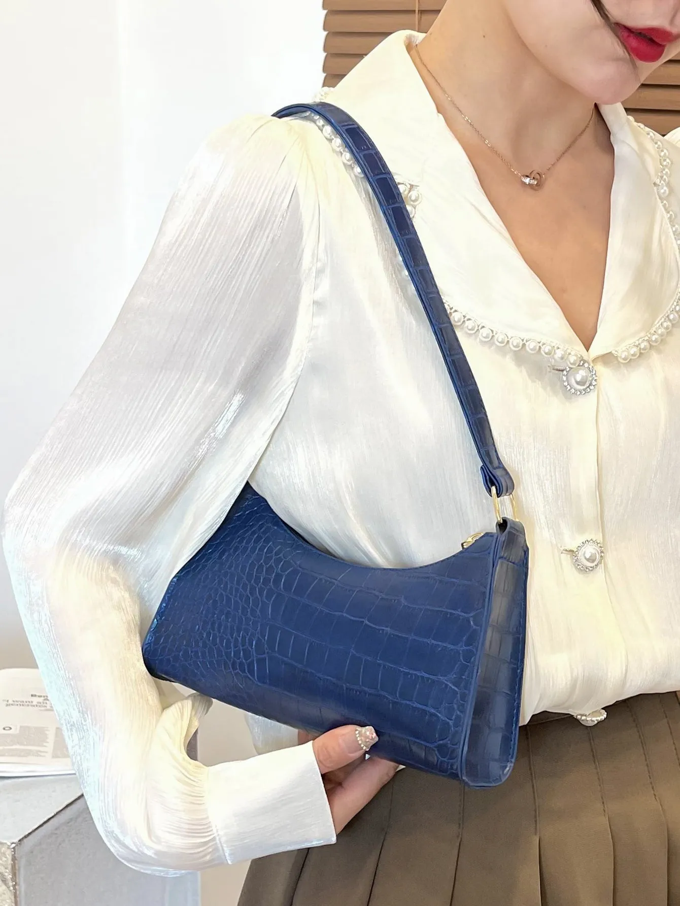 Crocodile Embossed Baguette Bag - Navy Blue