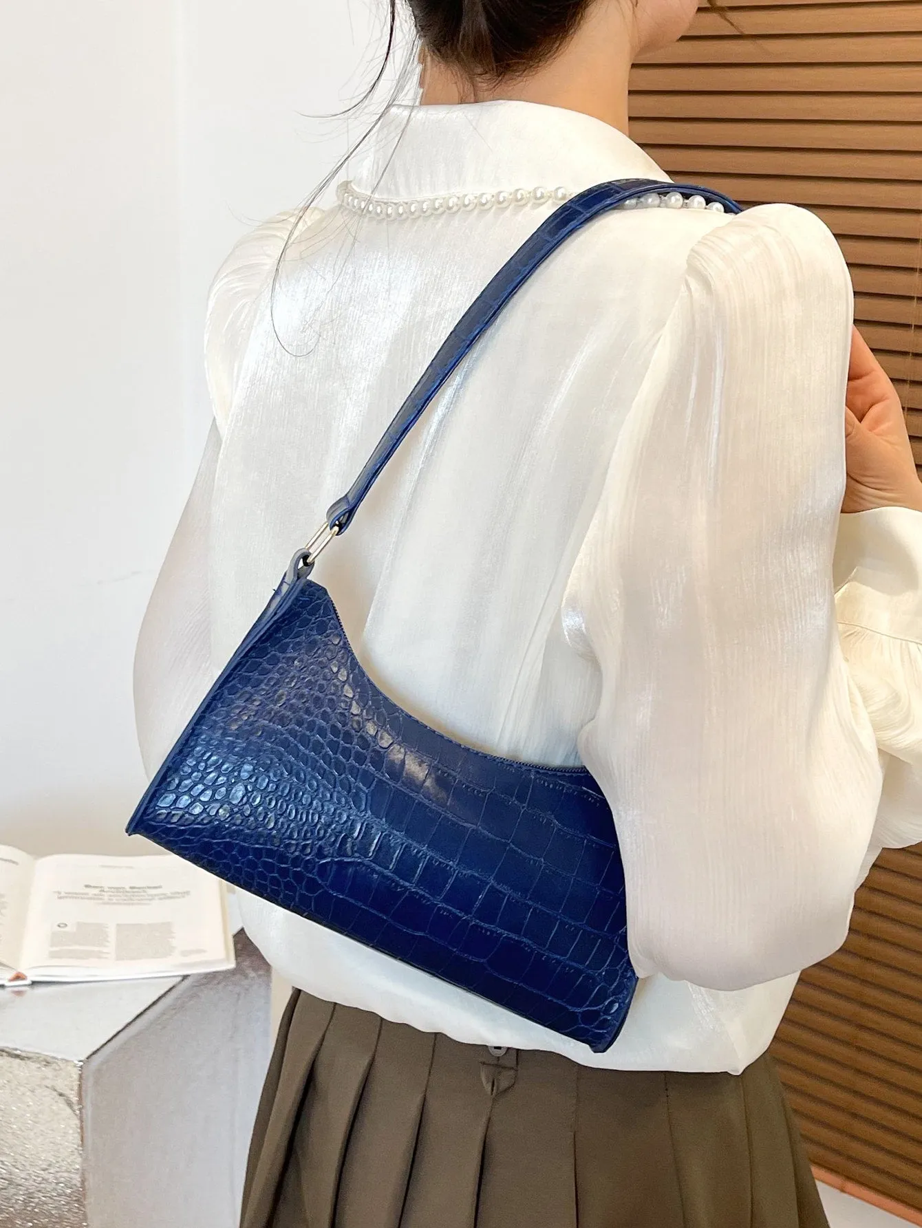 Crocodile Embossed Baguette Bag - Navy Blue