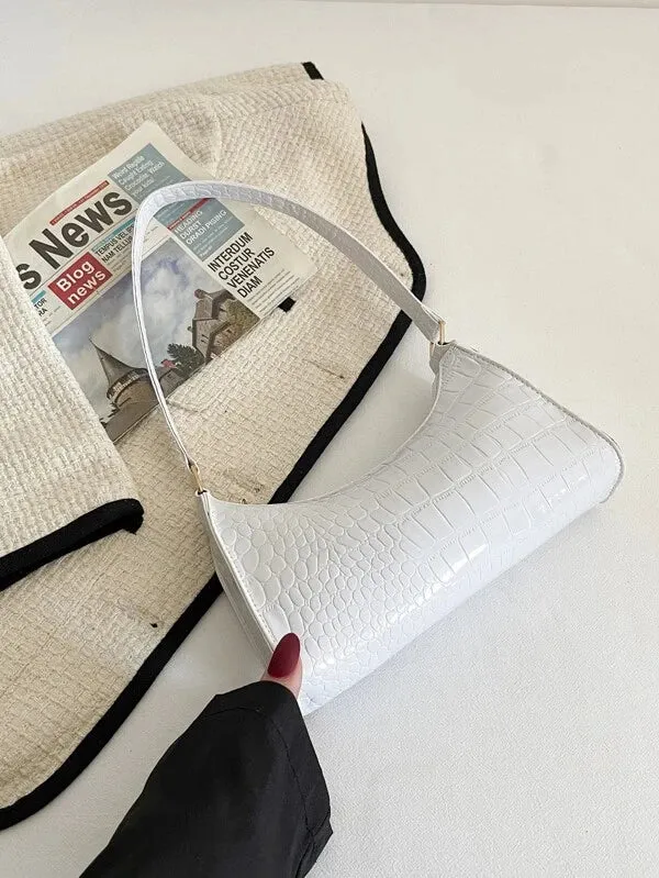 Crocodile Embossed Baguette Bag - White