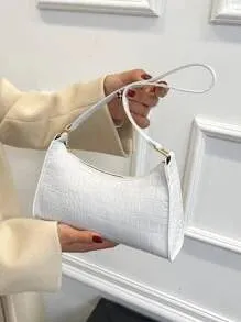 Crocodile Embossed Baguette Bag - White