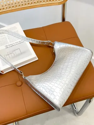 Crocodile Embossed Baguette Bag_white