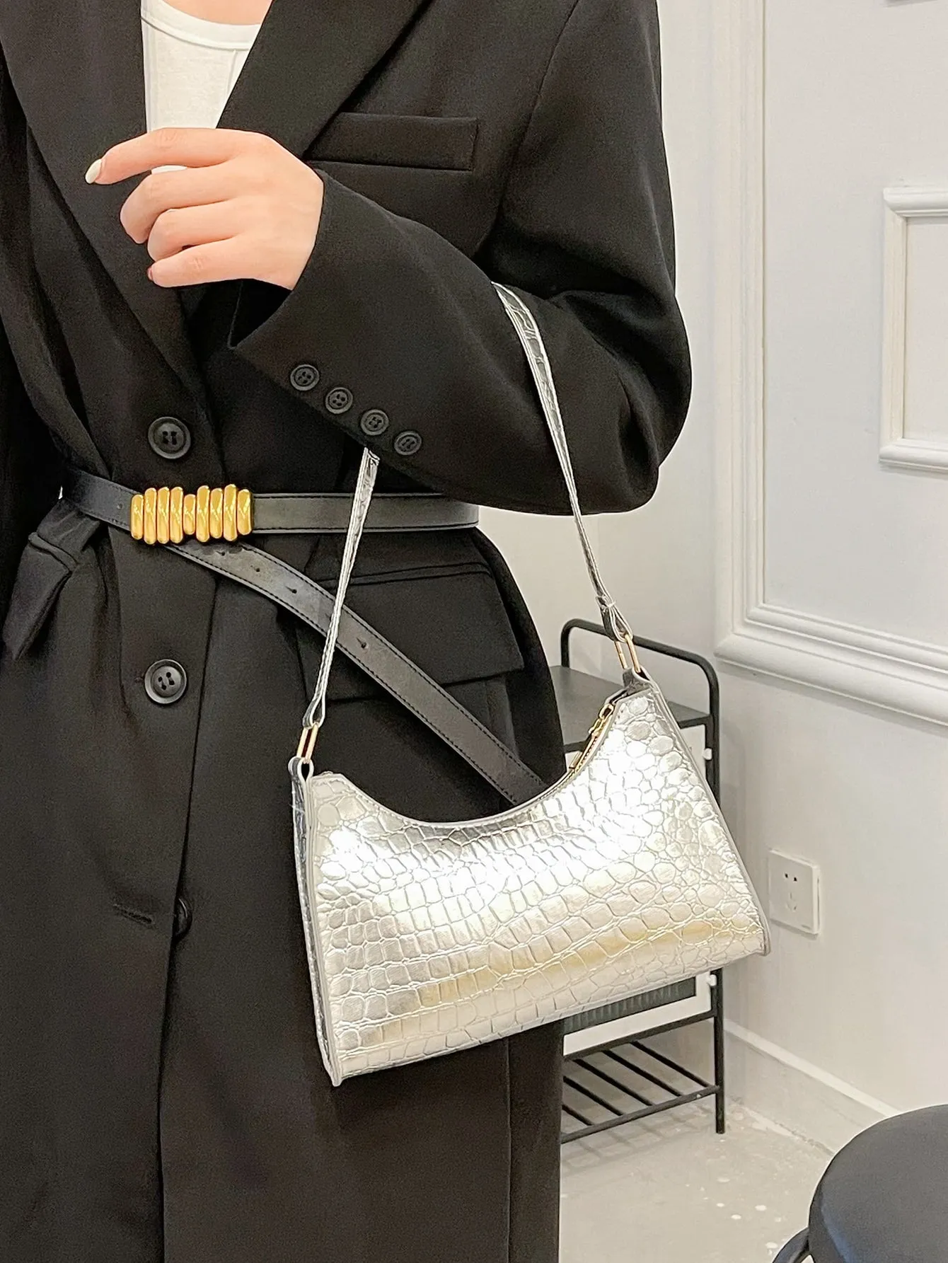 Crocodile Embossed Baguette Bag_white