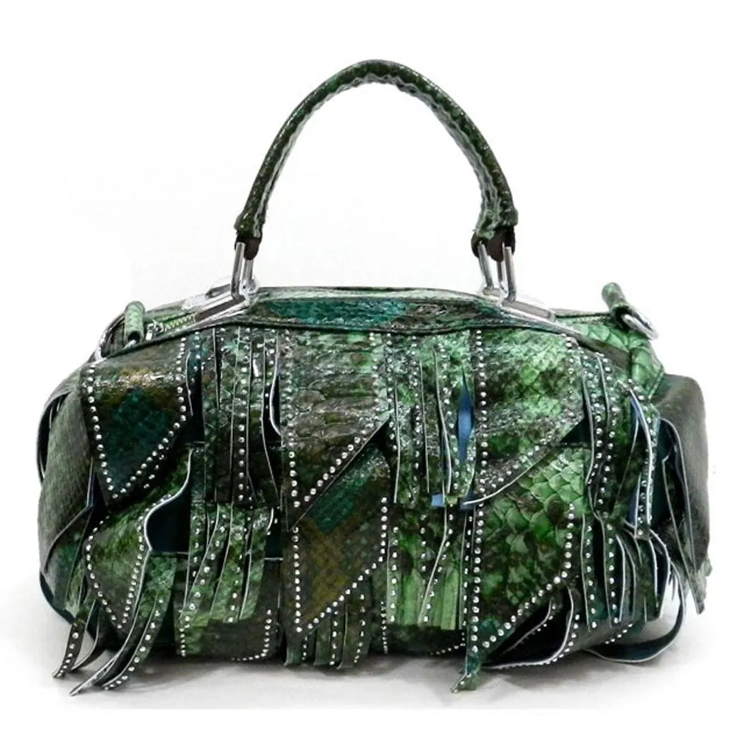 Crocodile embossed Green tassel micro rhinestone pockets shoulder handbag Bag