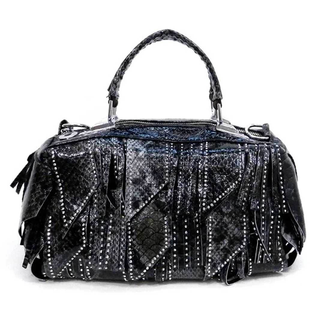 Crocodile embossed Green tassel micro rhinestone pockets shoulder handbag Bag