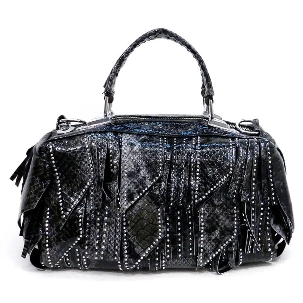 Crocodile embossed Green tassel micro rhinestone pockets shoulder handbag Bag
