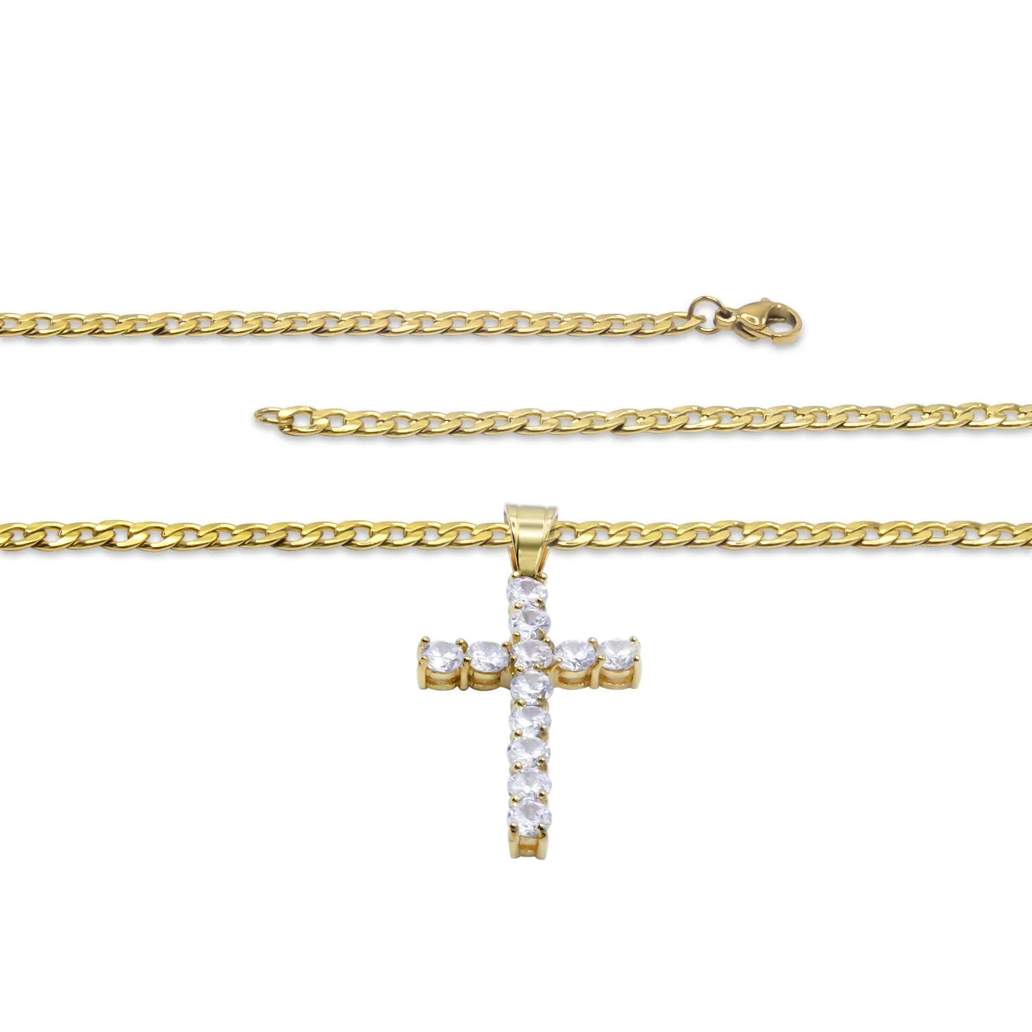 Cubic Zirconia Cross Pendant 14K Gold Plated Necklace Set