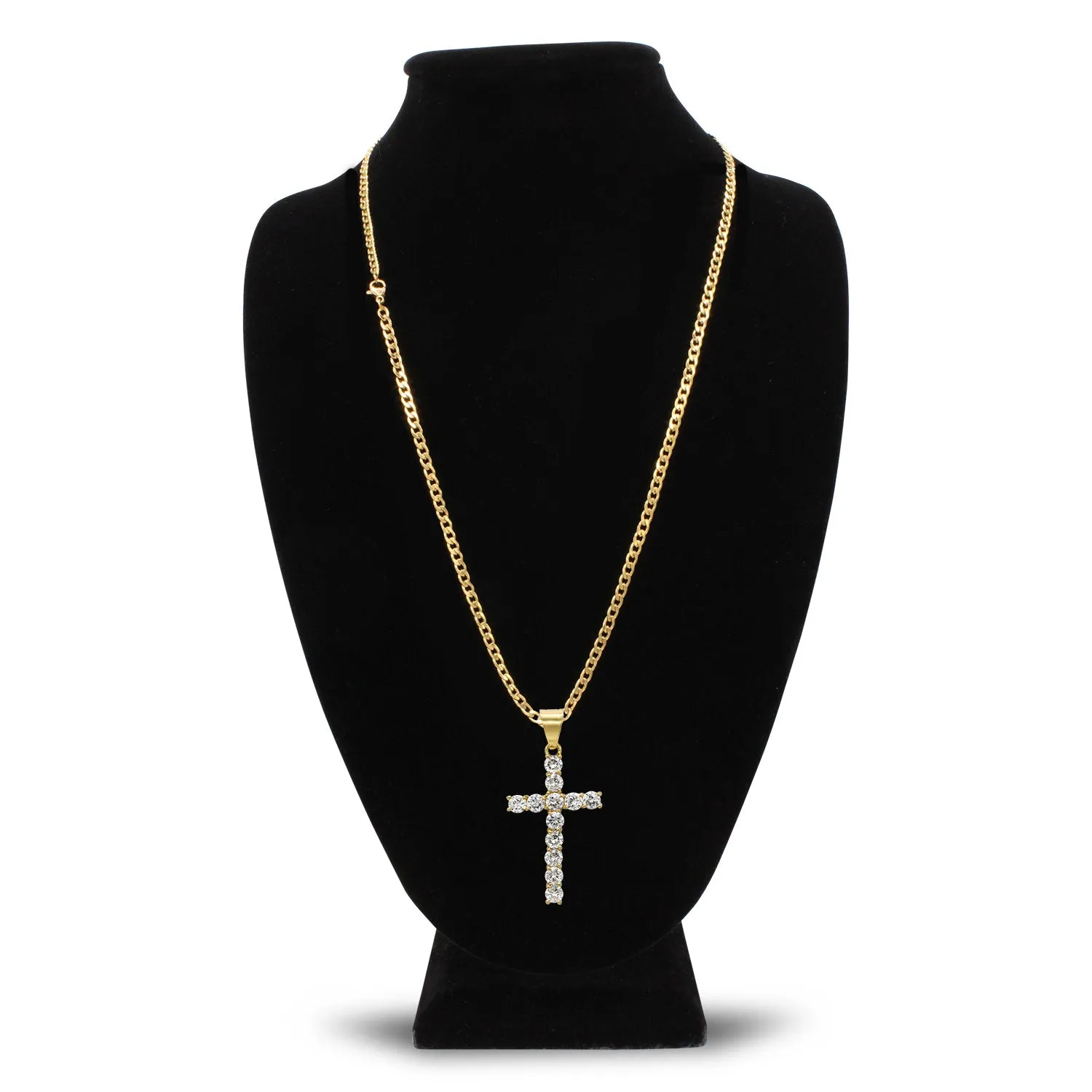 Cubic Zirconia Cross Pendant 14K Gold Plated Necklace Set