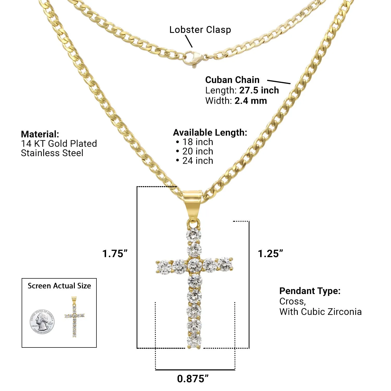 Cubic Zirconia Cross Pendant 14K Gold Plated Necklace Set