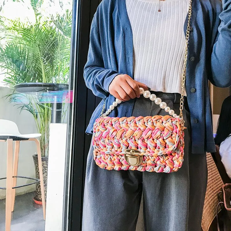 Cute Pink&Blue&White Crochet Small Handbag Crossbody Purse Crochet Shoulder Bag for Girl Cute Crochet Purses