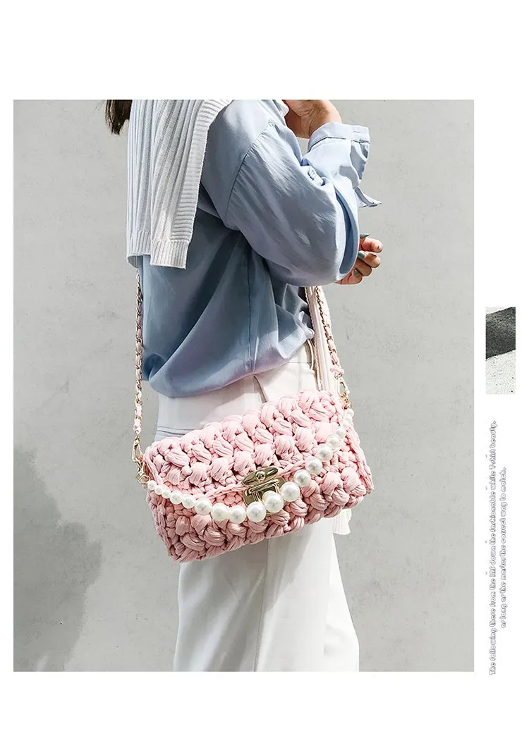 Cute Pink&Blue&White Crochet Small Handbag Crossbody Purse Crochet Shoulder Bag for Girl Cute Crochet Purses