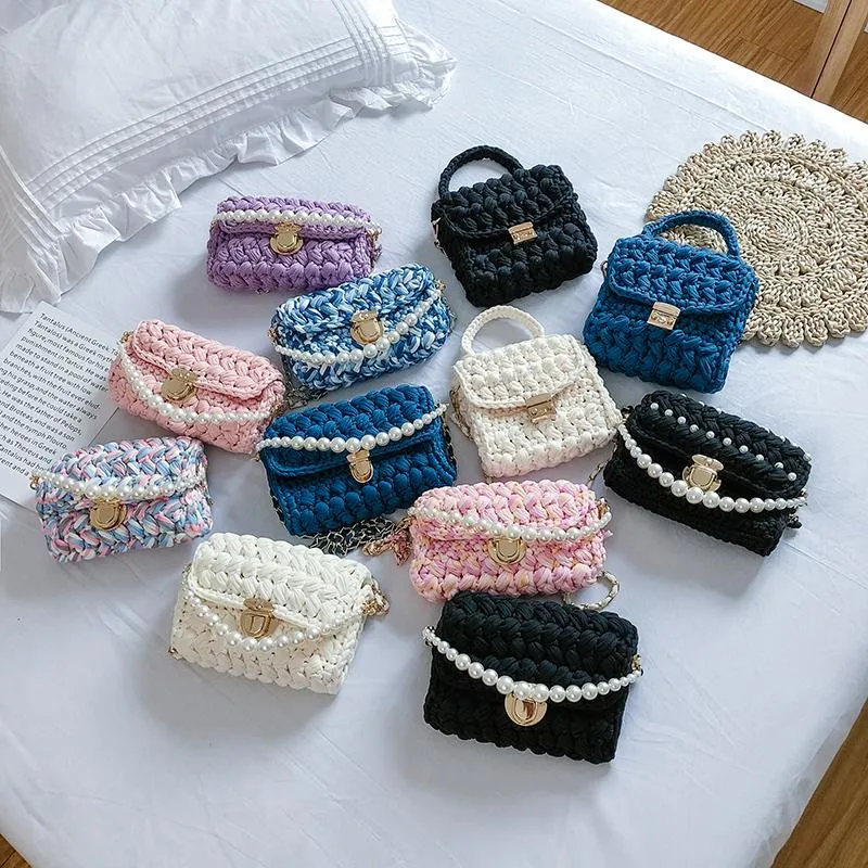 Cute Pink&Blue&White Crochet Small Handbag Crossbody Purse Crochet Shoulder Bag for Girl Cute Crochet Purses