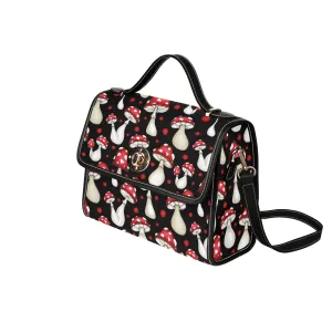 Cute Red and Black Mushrooms Purse, Cross Body Purse, Vegan, Cottagecore Canvas Satchel bag