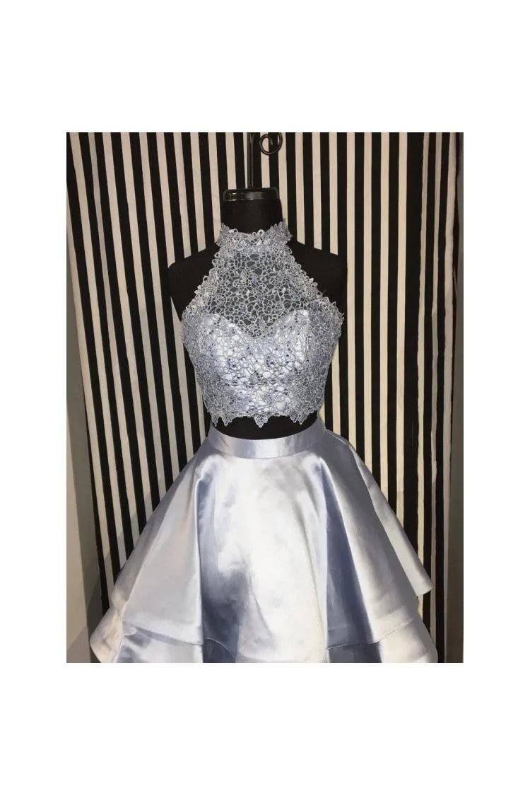Cute Two-Piece Homecoming Dresses Blue Halter Neck Hoco Dresses