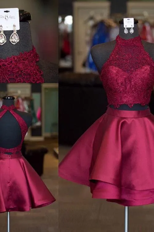 Cute Two-Piece Homecoming Dresses Blue Halter Neck Hoco Dresses
