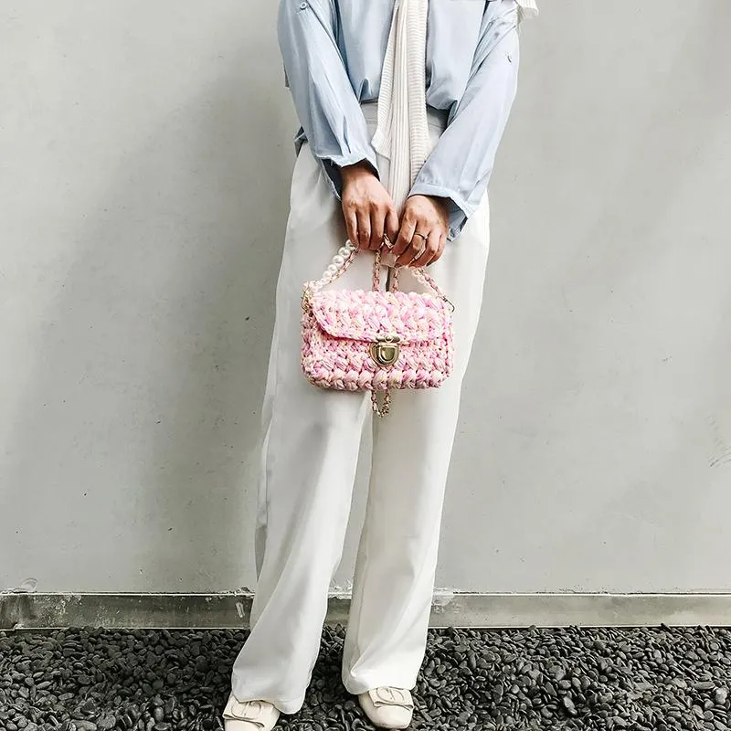 Cute White(Square) Crochet Small Handbag Crossbody Purse Crochet Shoulder Bag for Girl Cute Crochet Purses