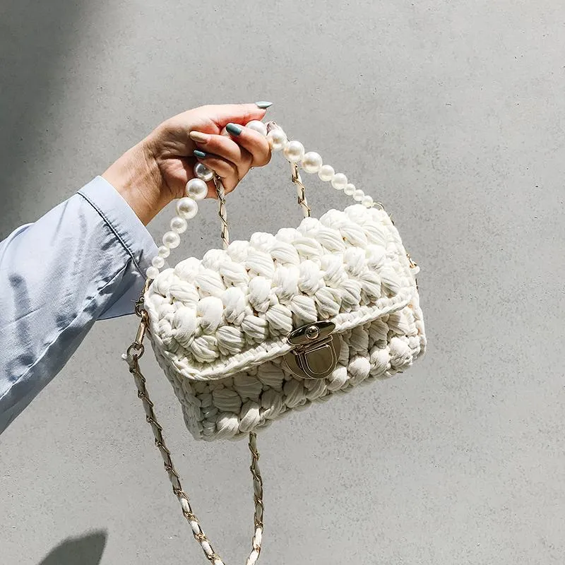 Cute White(Square) Crochet Small Handbag Crossbody Purse Crochet Shoulder Bag for Girl Cute Crochet Purses