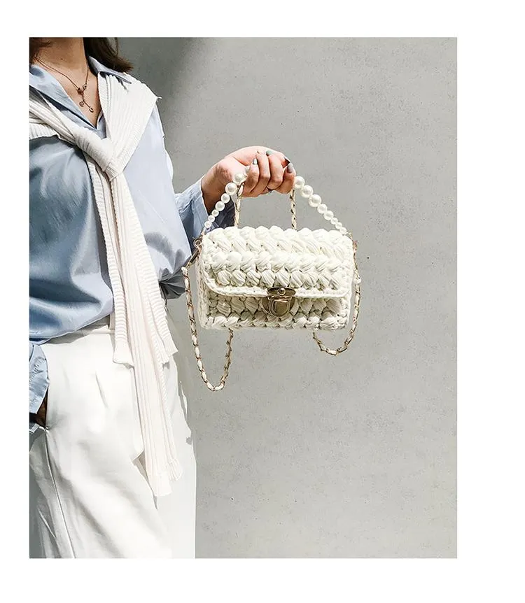 Cute White(Square) Crochet Small Handbag Crossbody Purse Crochet Shoulder Bag for Girl Cute Crochet Purses