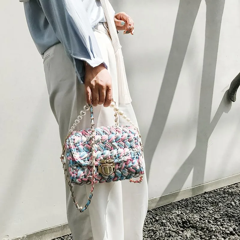 Cute White(Square) Crochet Small Handbag Crossbody Purse Crochet Shoulder Bag for Girl Cute Crochet Purses