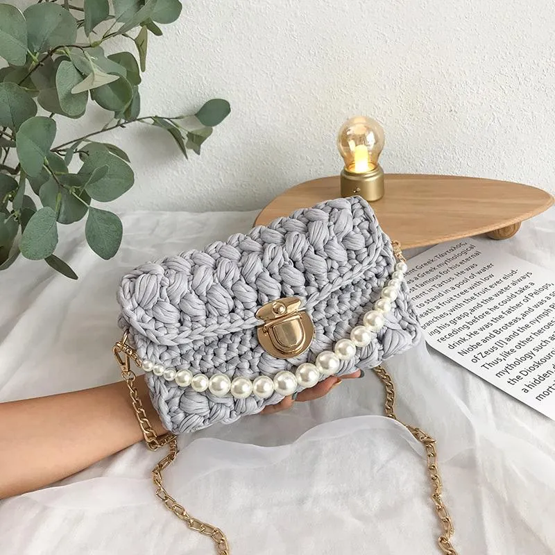 Cute White(Square) Crochet Small Handbag Crossbody Purse Crochet Shoulder Bag for Girl Cute Crochet Purses