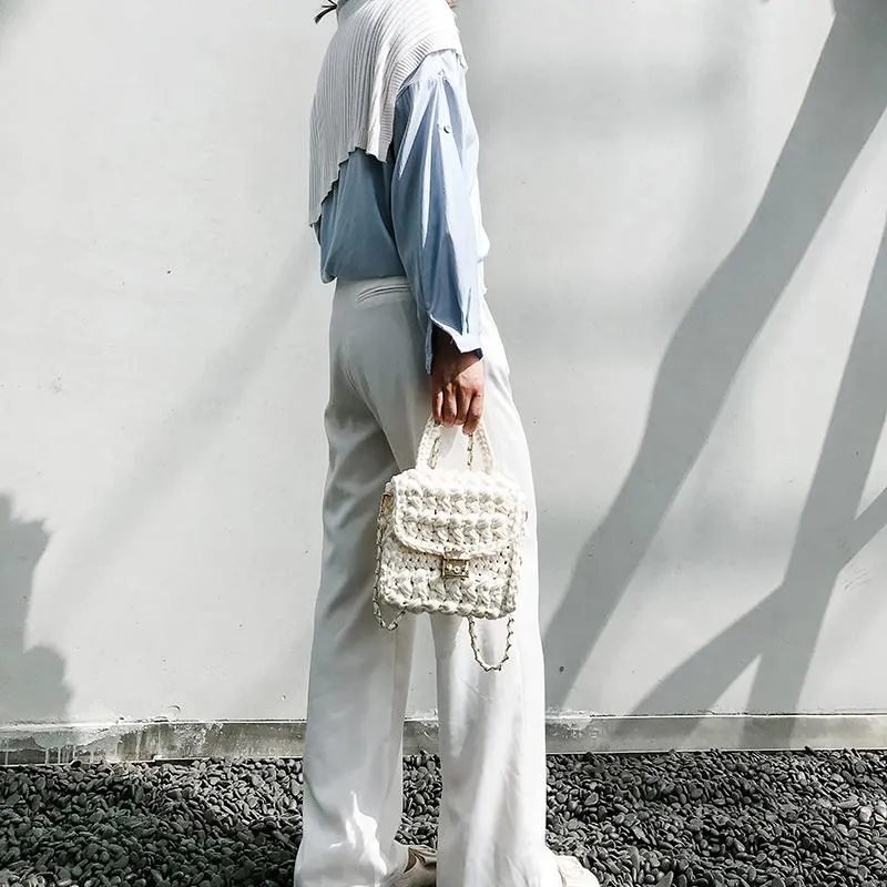 Cute White(Square) Crochet Small Handbag Crossbody Purse Crochet Shoulder Bag for Girl Cute Crochet Purses
