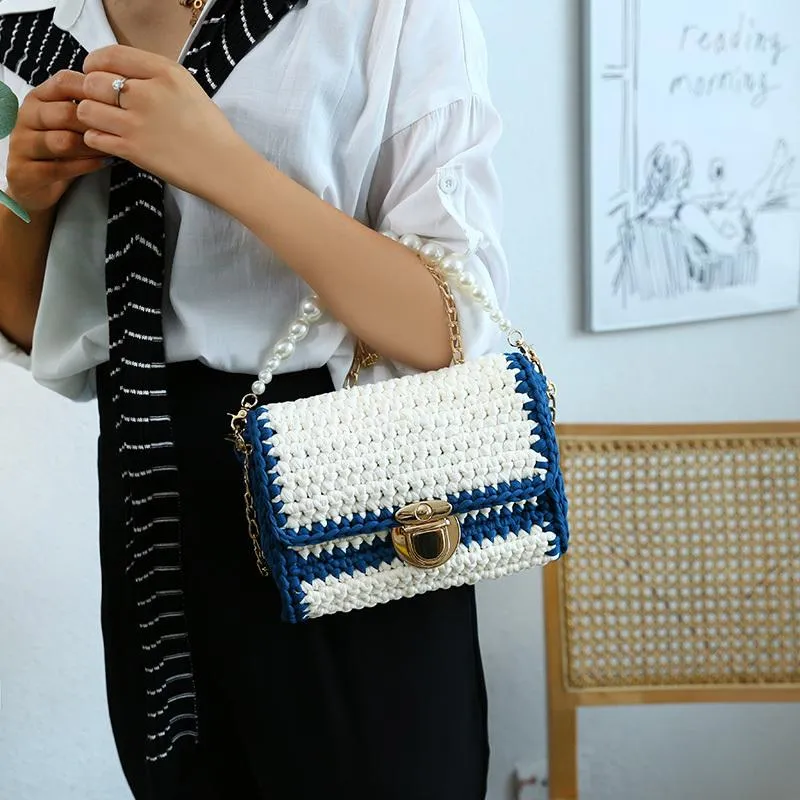 Cute White(Square) Crochet Small Handbag Crossbody Purse Crochet Shoulder Bag for Girl Cute Crochet Purses