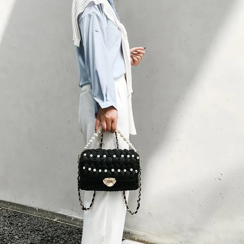 Cute White(Square) Crochet Small Handbag Crossbody Purse Crochet Shoulder Bag for Girl Cute Crochet Purses